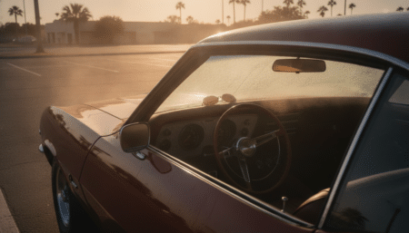 Voiture garée en plein soleil avec chaleur sur le tableau de bord