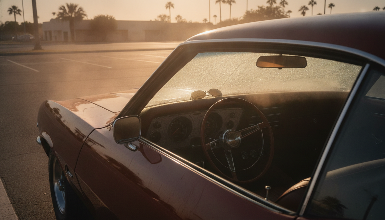 Voiture garée en plein soleil avec chaleur sur le tableau de bord