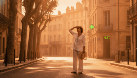 Femme se protégeant du soleil en ville pendant la canicule
