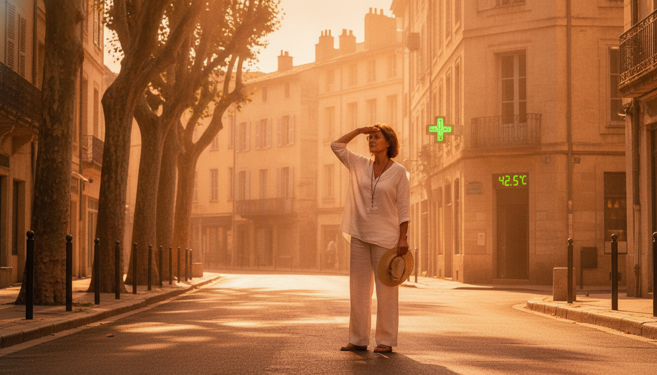 Femme se protégeant du soleil en ville pendant la canicule