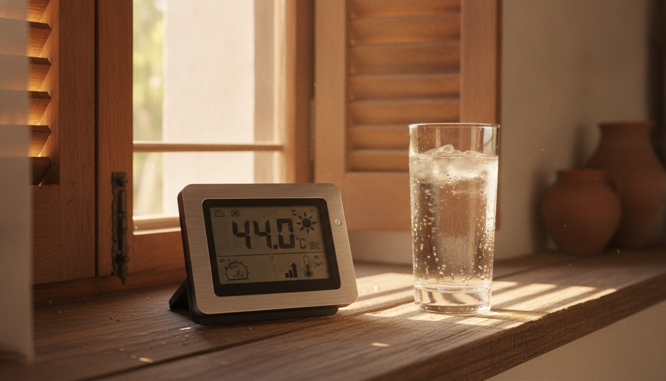 Thermomètre affichant 44 degrés derrière des volets fermés