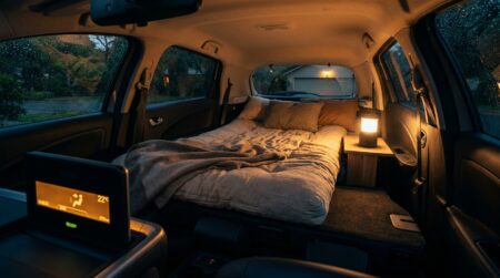Intérieur d'une voiture électrique aménagée pour dormir la nuit