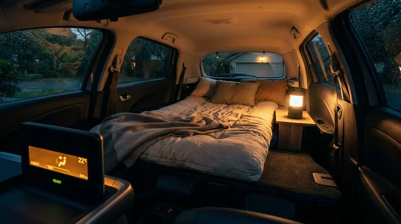 Intérieur d'une voiture électrique aménagée pour dormir la nuit