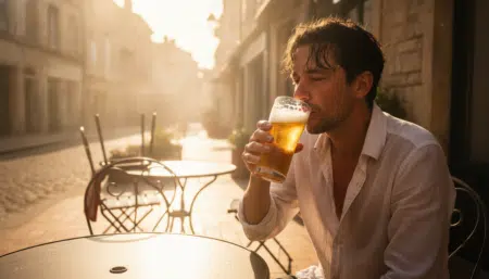 Personne buvant une bière en terrasse pendant la canicule