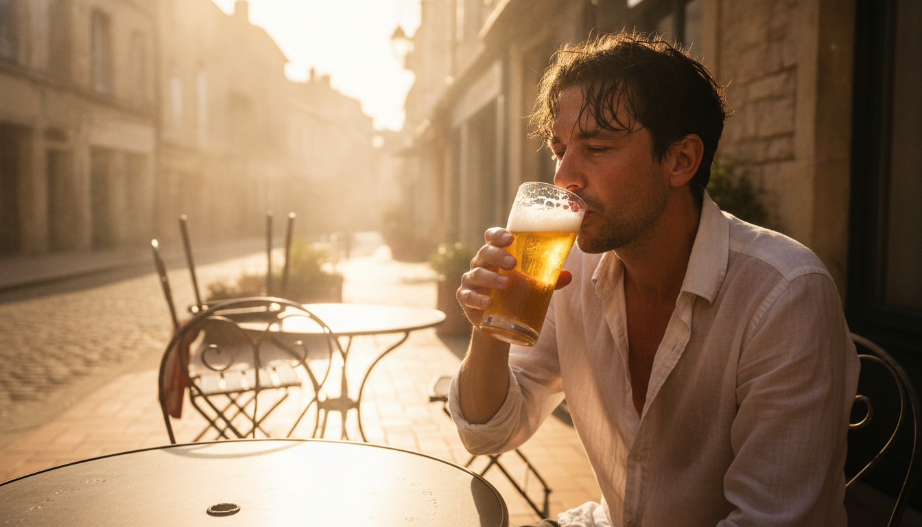 Personne buvant une bière en terrasse pendant la canicule