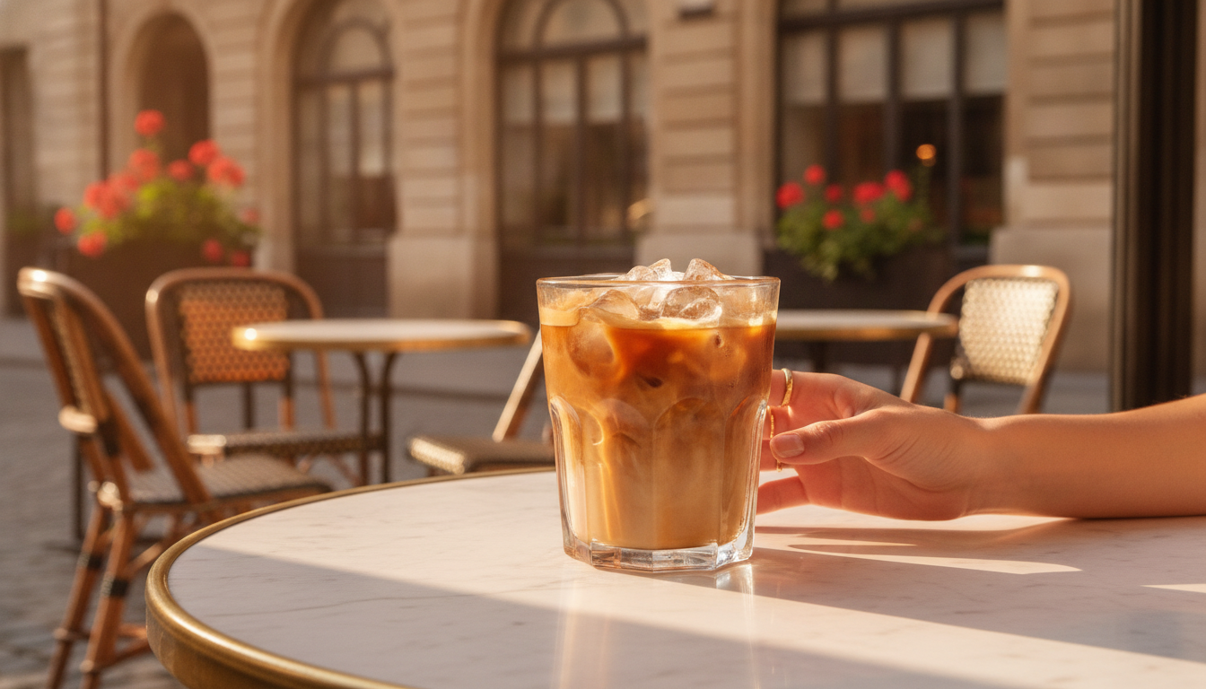 Café glacé sur une table de café en plein été