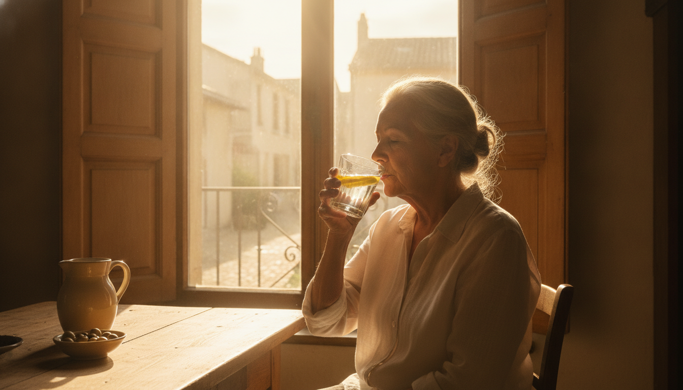 Femme âgée buvant un verre d'eau citronnée volets fermés