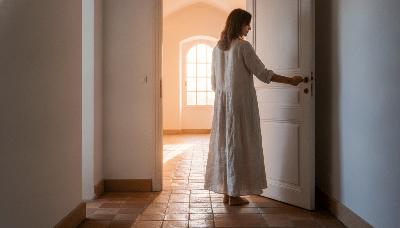 Femme fermant une porte intérieure dans un couloir ensoleillé