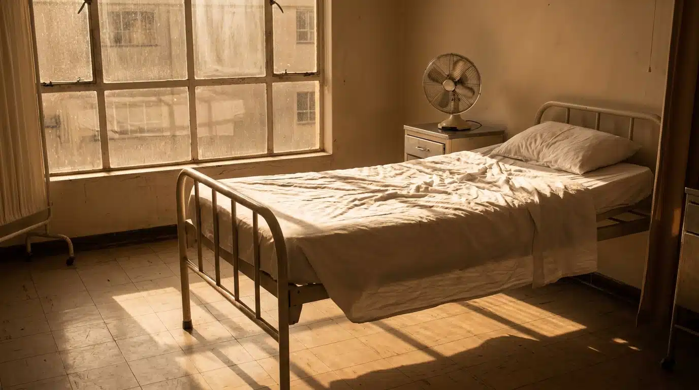 Chambre d'hôpital baignée de soleil avec ventilateur