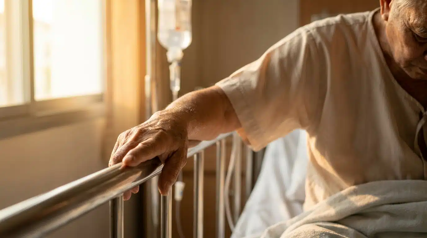 Main d'une personne âgée sur la barrière d'un lit d'hôpital