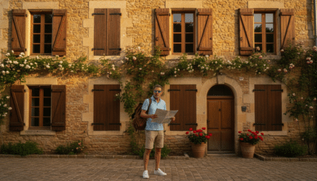 Touriste perplexe devant une maison française aux volets fermés