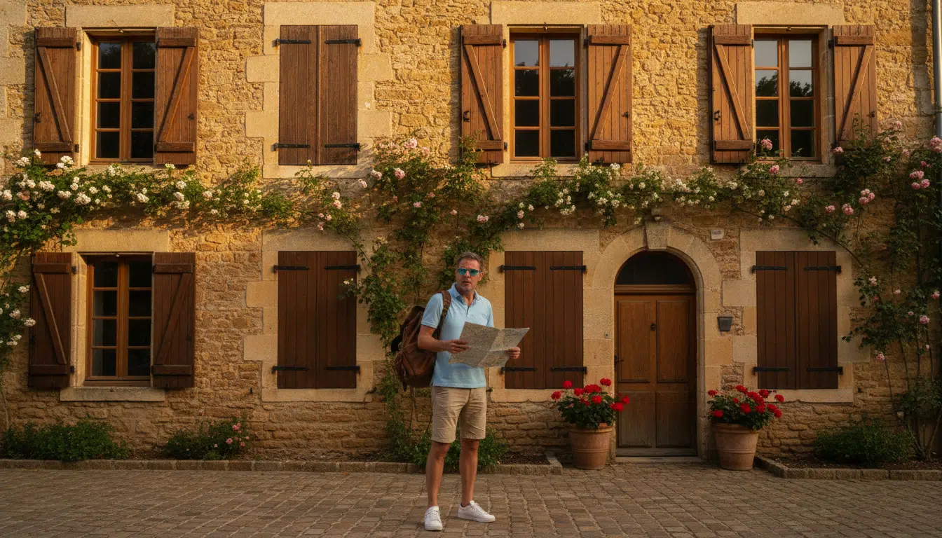 Touriste perplexe devant une maison française aux volets fermés
