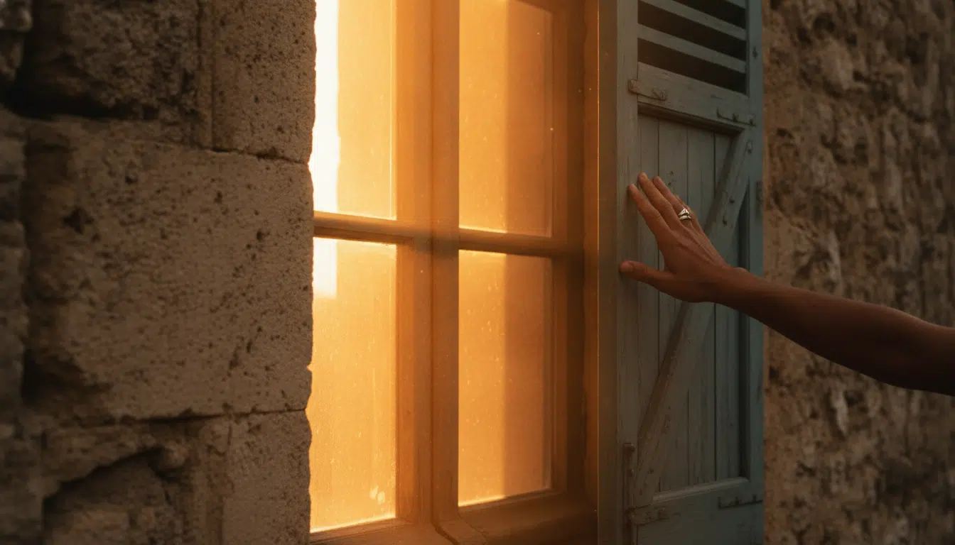 Soleil intense sur une fenêtre avec volets en cours de fermeture