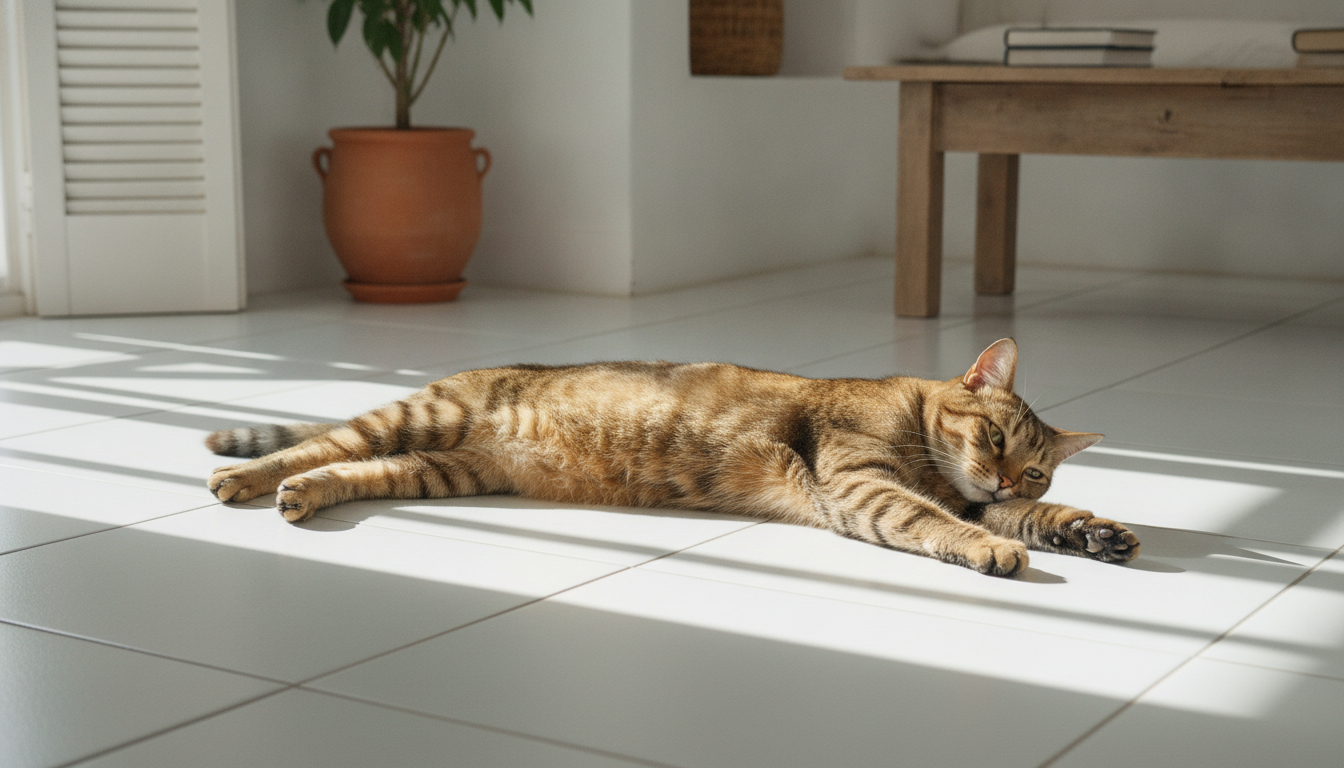 Chat tigré étalé de tout son long sur le carrelage frais