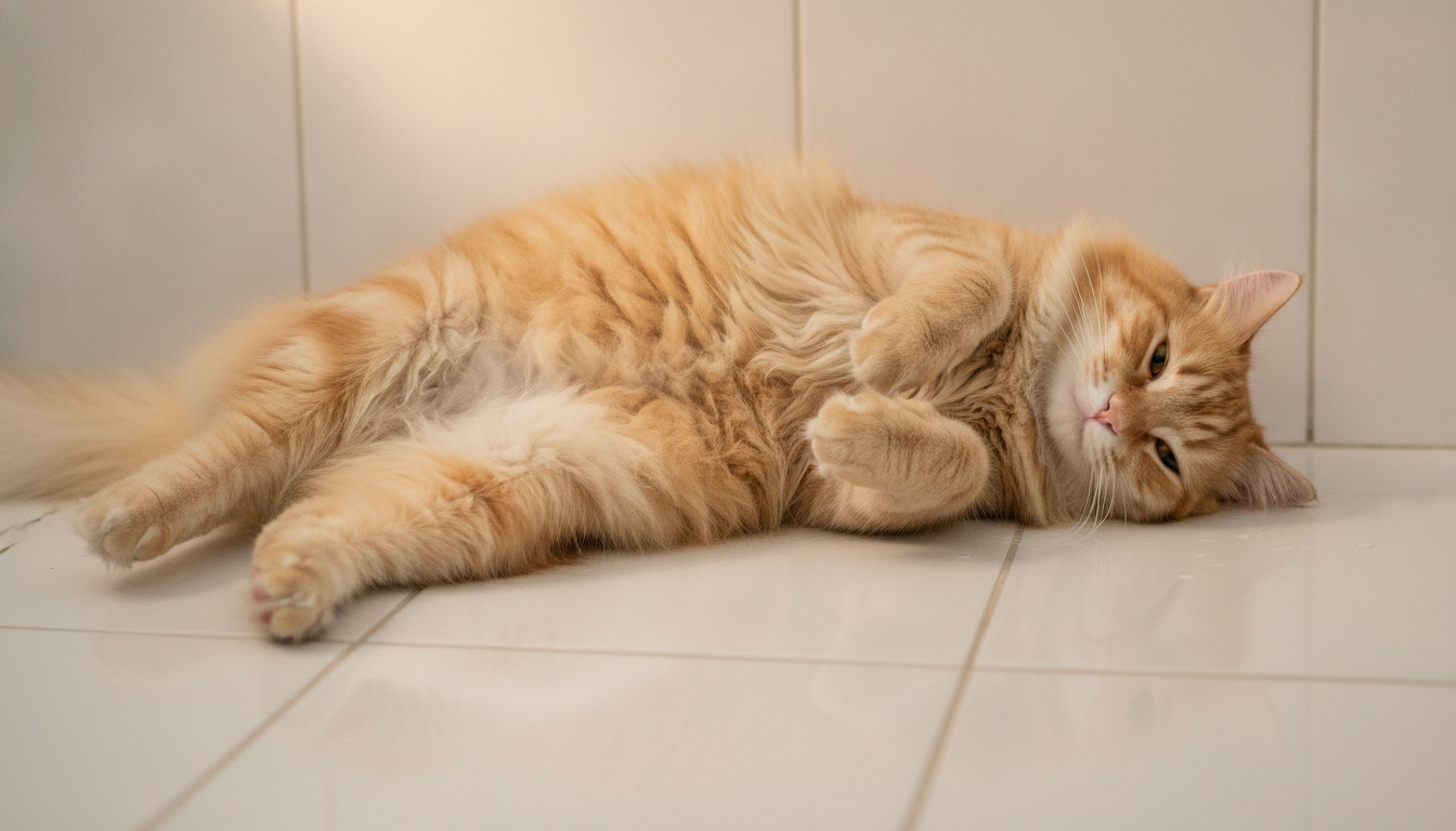 Chat roux couché sur le dos ventre exposé sur le sol