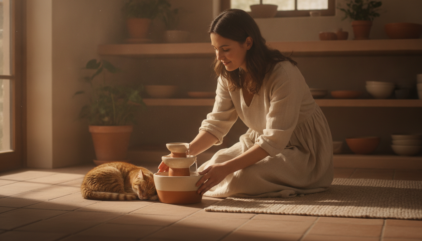 Femme installant une fontaine à eau près de son chat