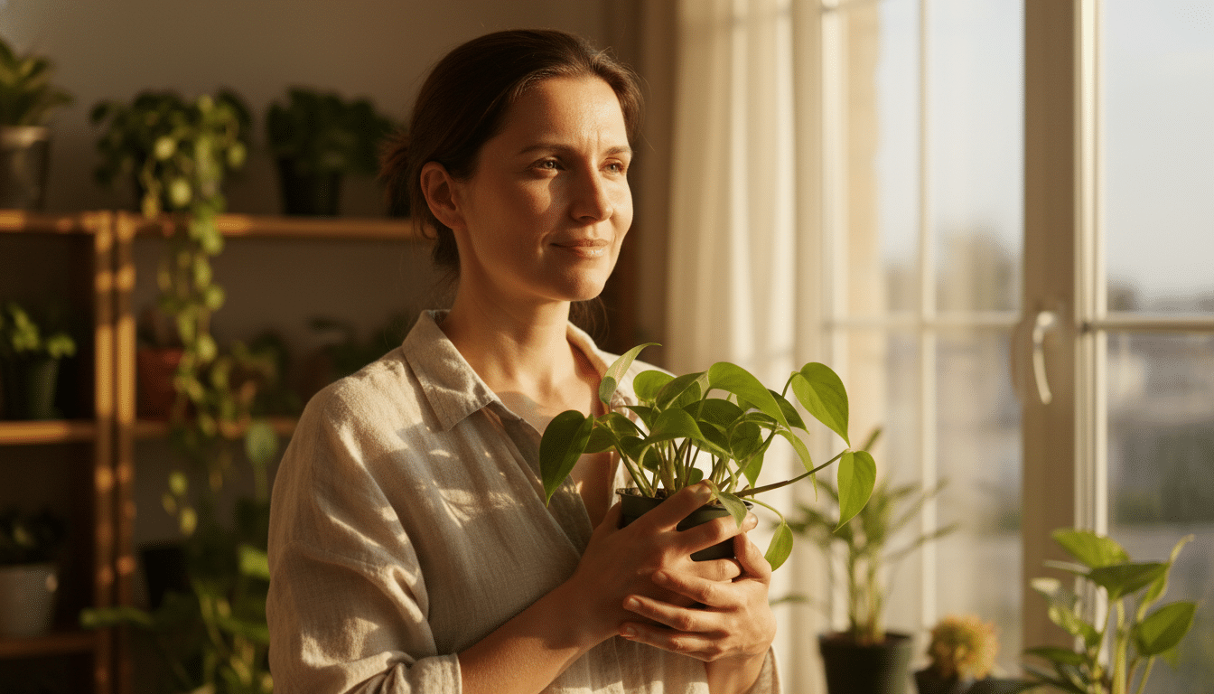 Femme tenant une plante d'intérieur dans un appartement ensoleillé