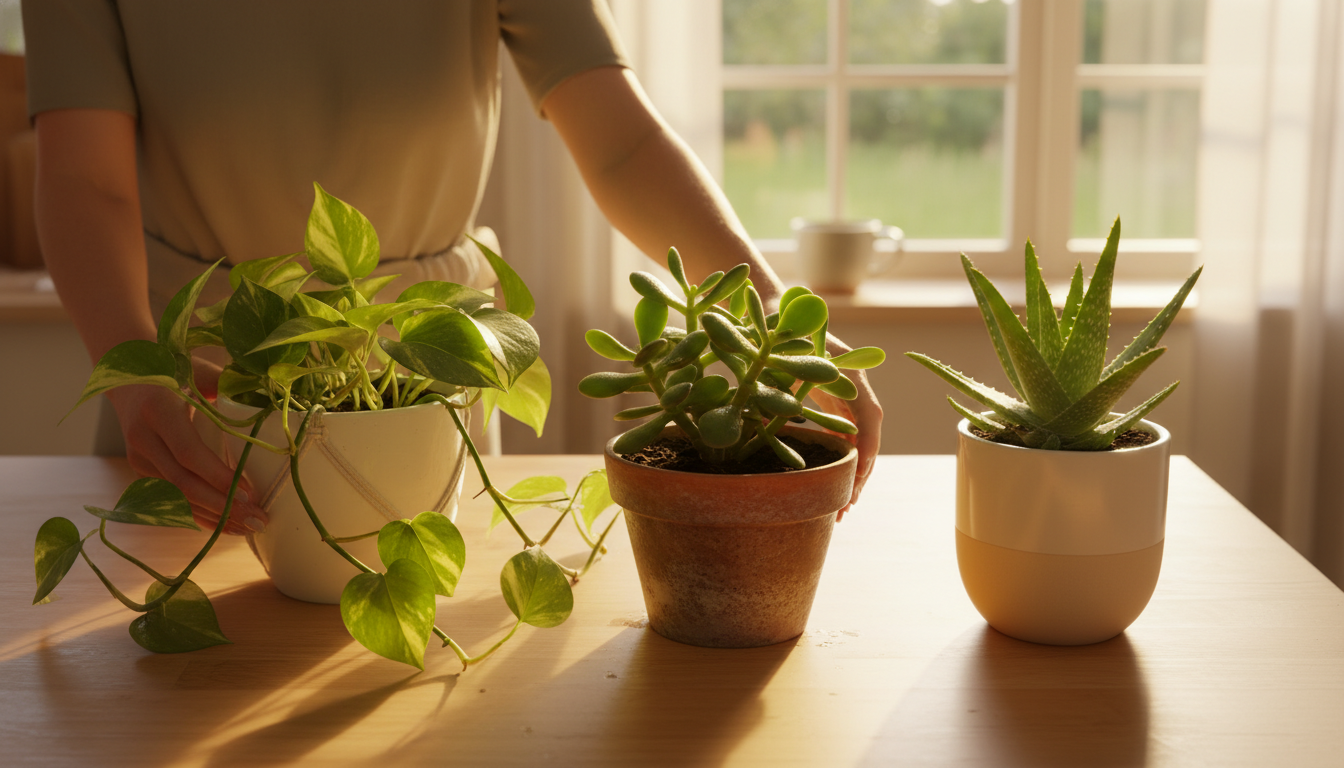 Plantes d'intérieur résistantes regroupées sur un comptoir de cuisine