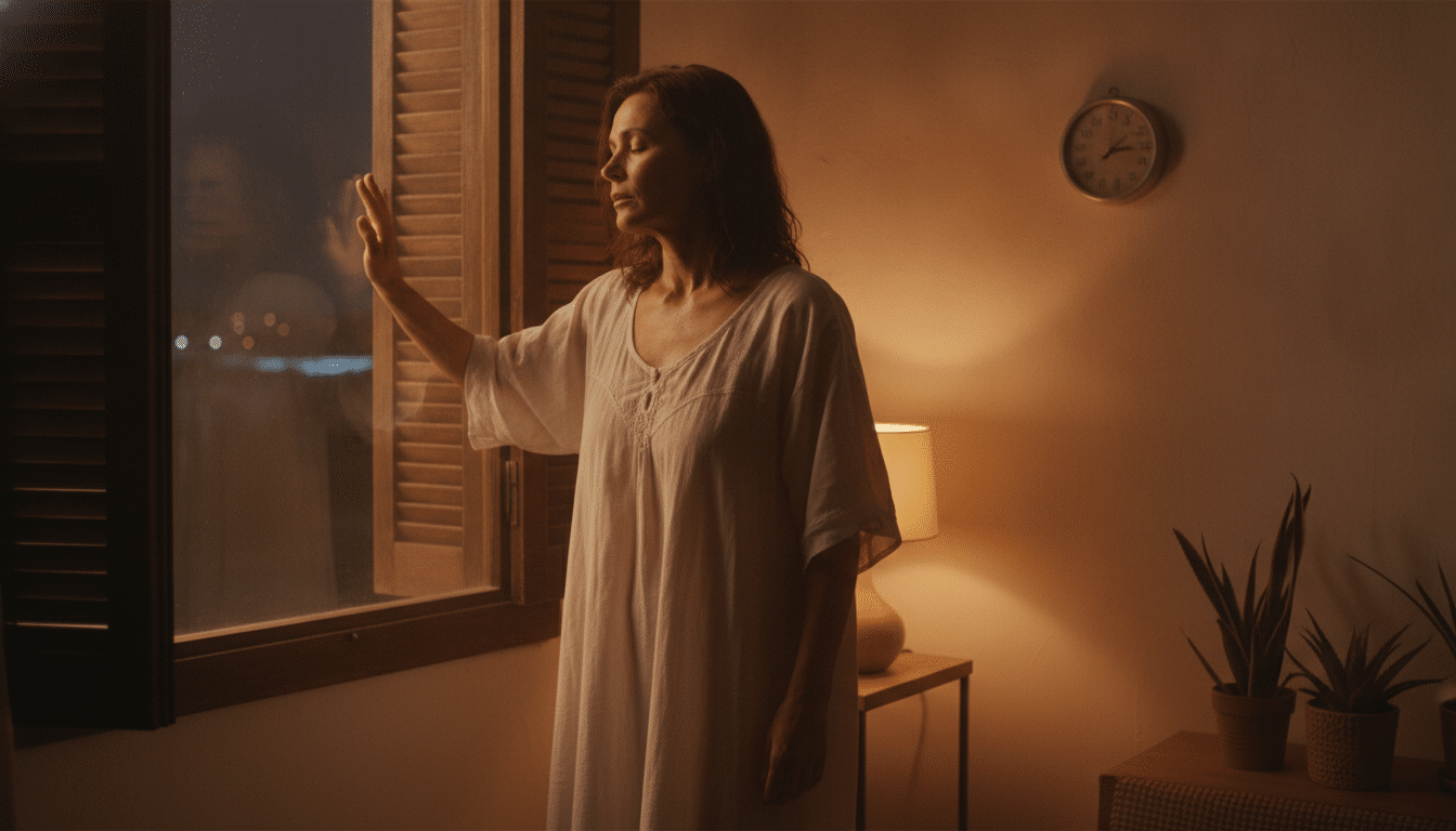 Femme devant une fenêtre fermée pendant la canicule nocturne