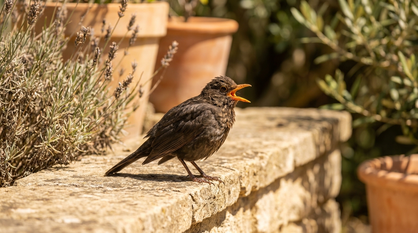 Oiseau bec ouvert sur un muret ensoleillé en été