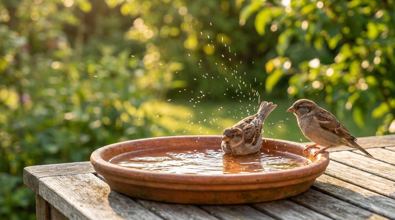 Moineaux se rafraîchissant dans une coupelle d'eau au jardin