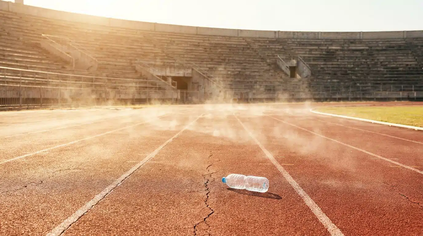Piste d'athlétisme vide sous un soleil écrasant