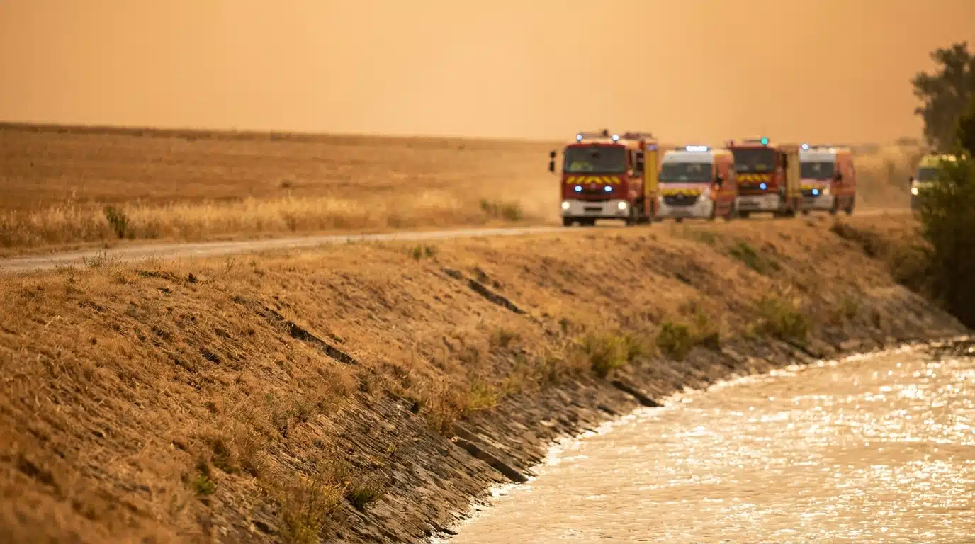 Berges du Rhône sous un soleil de plomb avec véhicules de secours