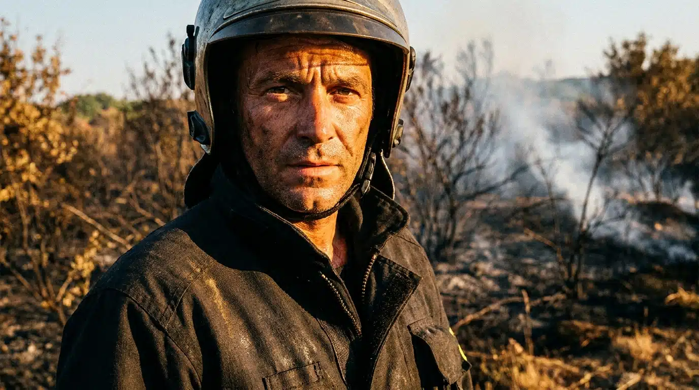 Pompier français épuisé devant une végétation sèche et fumante
