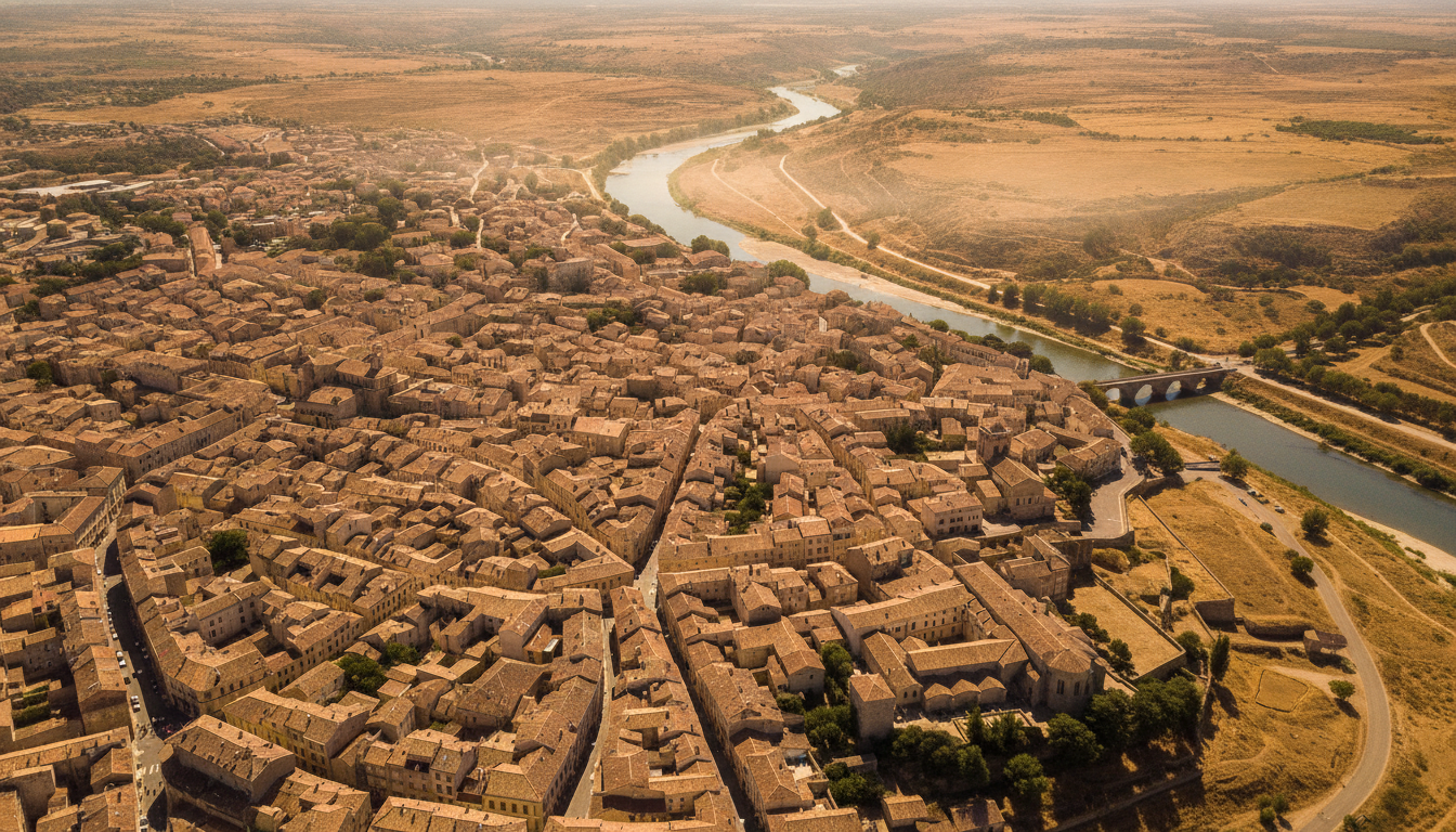 Vue aérienne d'une ville française sous la chaleur estivale