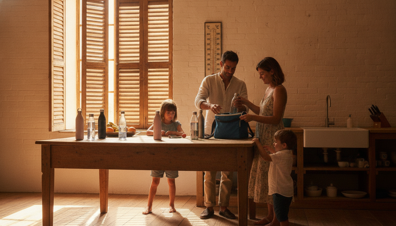 Famille préparant des bouteilles d'eau en cuisine volets fermés