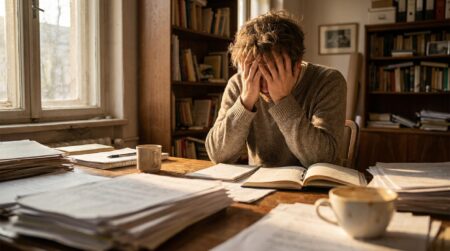 Personne épuisée la tête dans les mains à un bureau