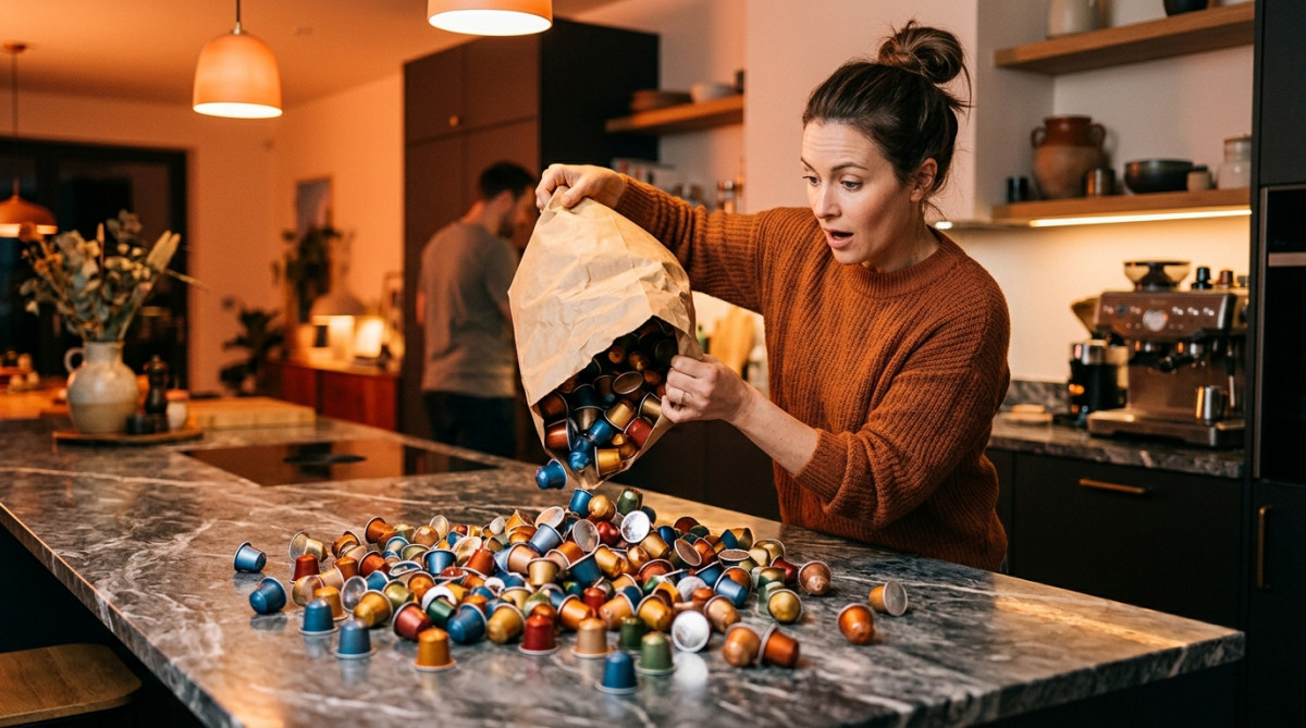 Capsules de café Nespresso en aluminium étalées sur un comptoir
