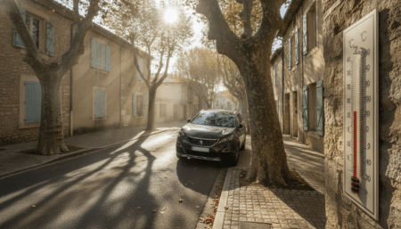 Voiture garée en plein soleil dans une rue de Carpentras