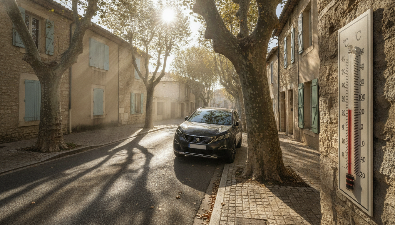 Voiture garée en plein soleil dans une rue de Carpentras
