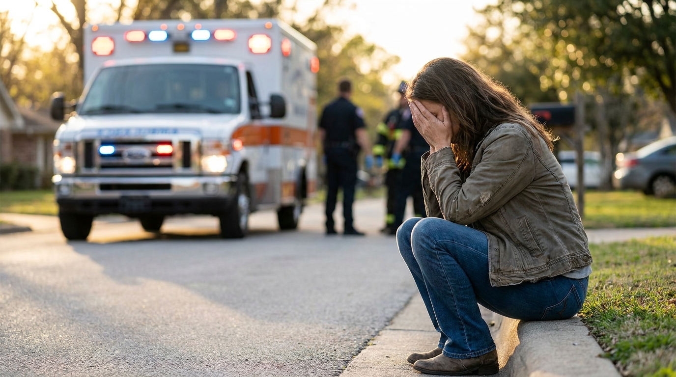 Femme effondrée assise près d'une ambulance dans un quartier résidentiel