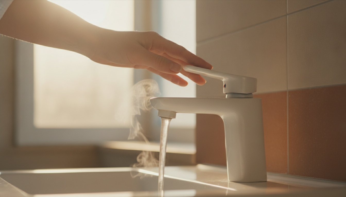 Main ouvrant un robinet d'eau chaude dans une salle de bain