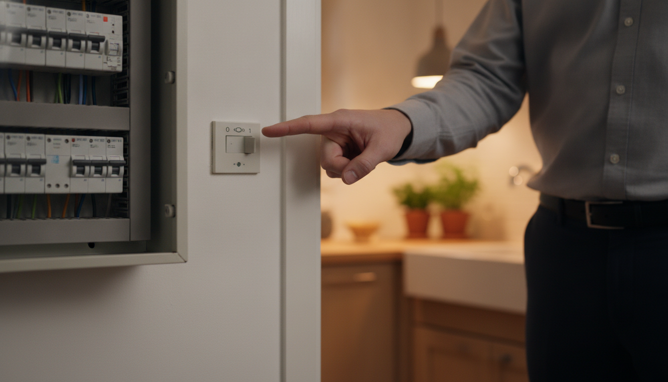 Personne devant un tableau électrique pointant le contacteur jour-nuit