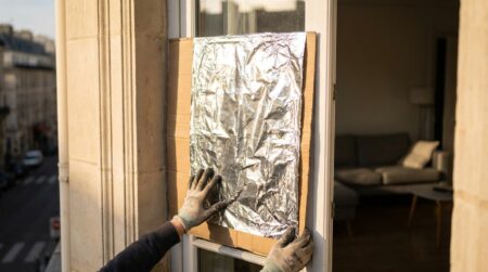 Fenêtre parisienne recouverte de carton doublé d'aluminium réfléchissant