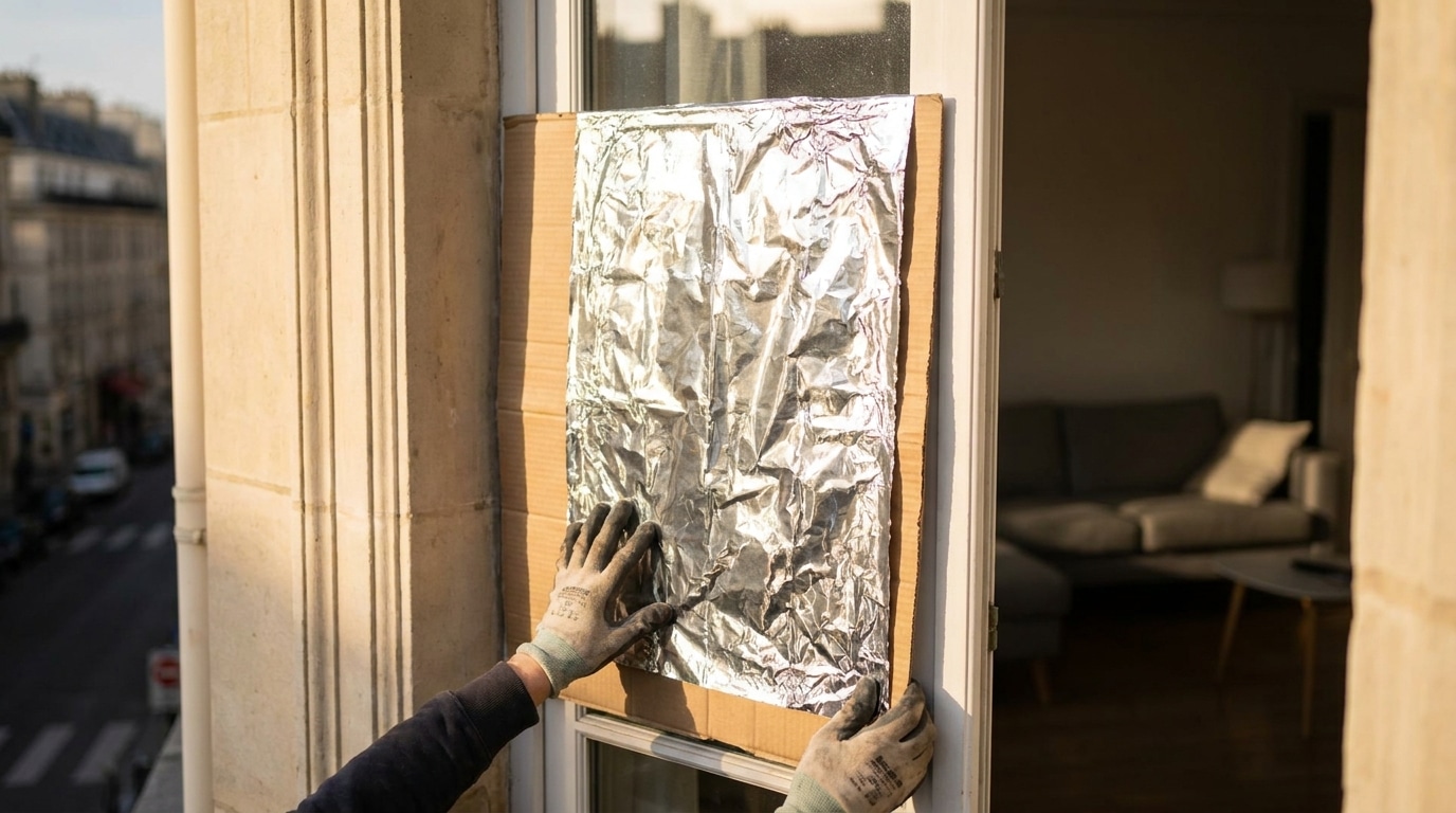 Fenêtre parisienne recouverte de carton doublé d'aluminium réfléchissant