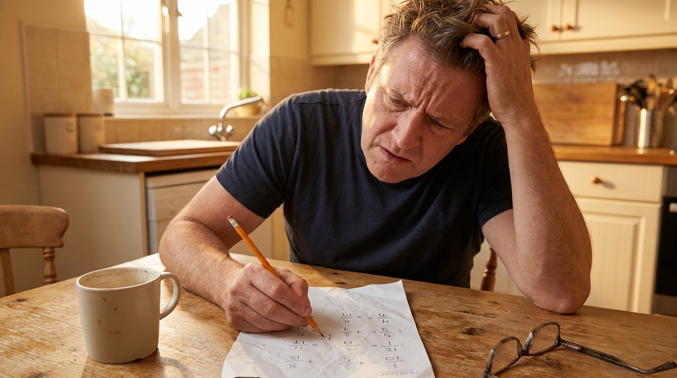 Adulte perplexe devant un calcul de fractions