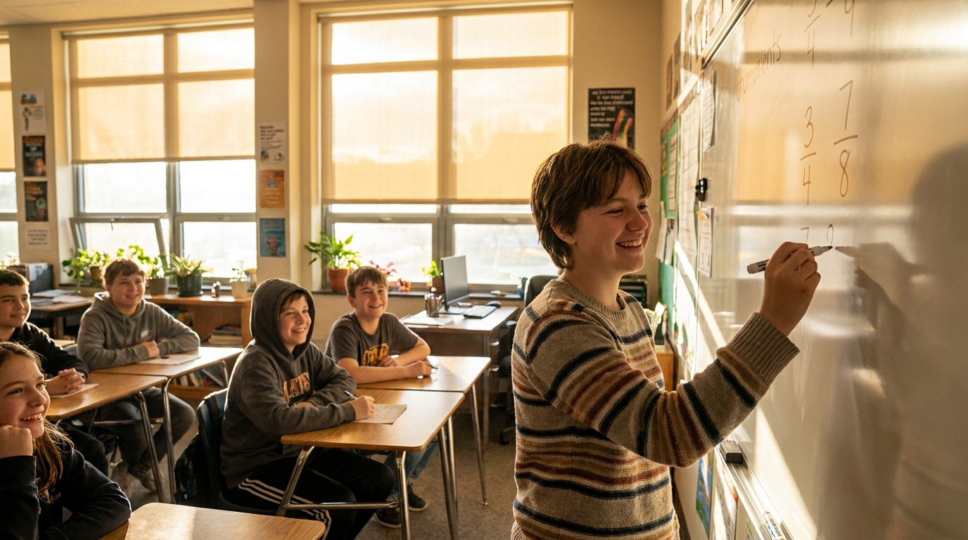 Élève de collège résolvant des fractions au tableau