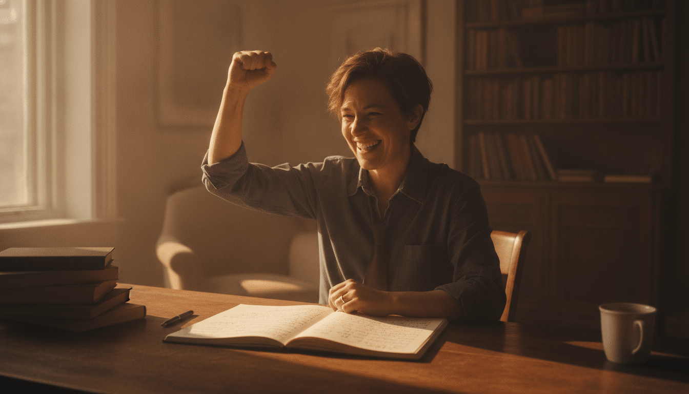 Personne souriante après avoir résolu un calcul