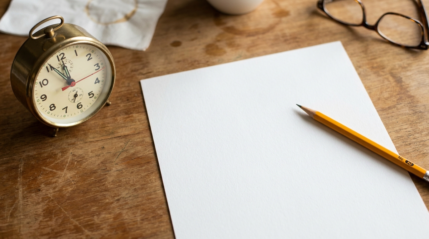 Feuille blanche crayon et réveil sur bureau en bois