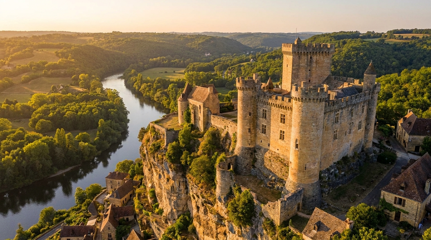 Château médiéval dominant une vallée verdoyante au soleil couchant