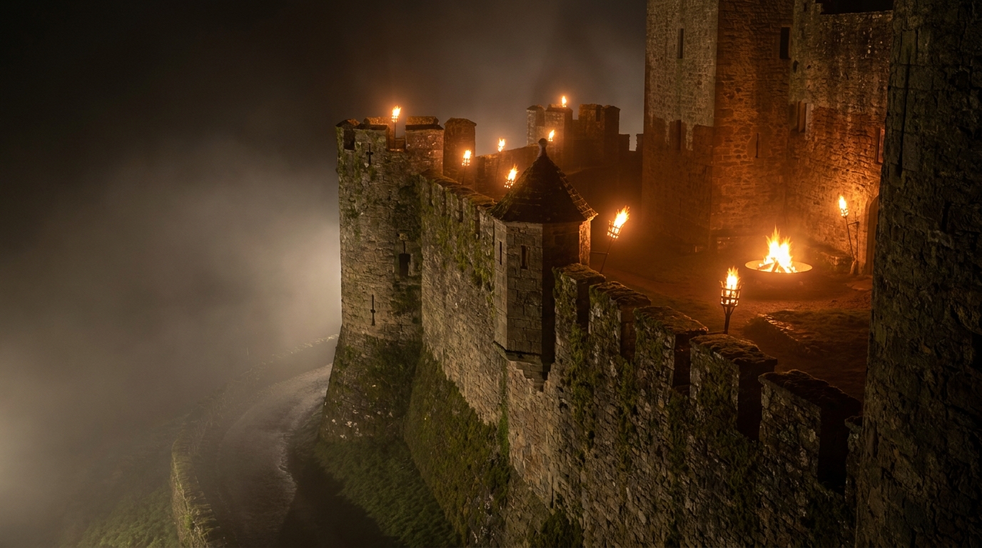 Remparts de château éclairés par des torches la nuit