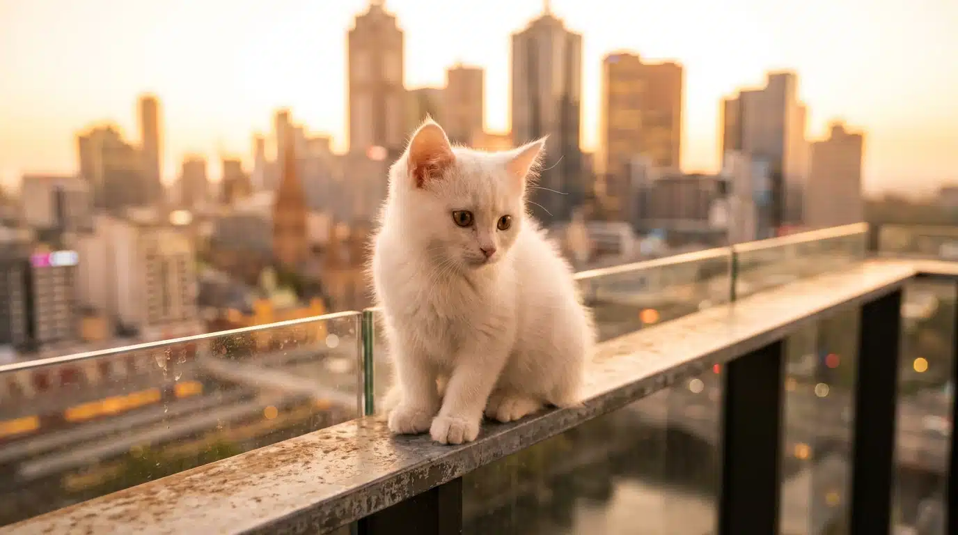 Chaton blanc sur le balcon d'un immeuble à Melbourne