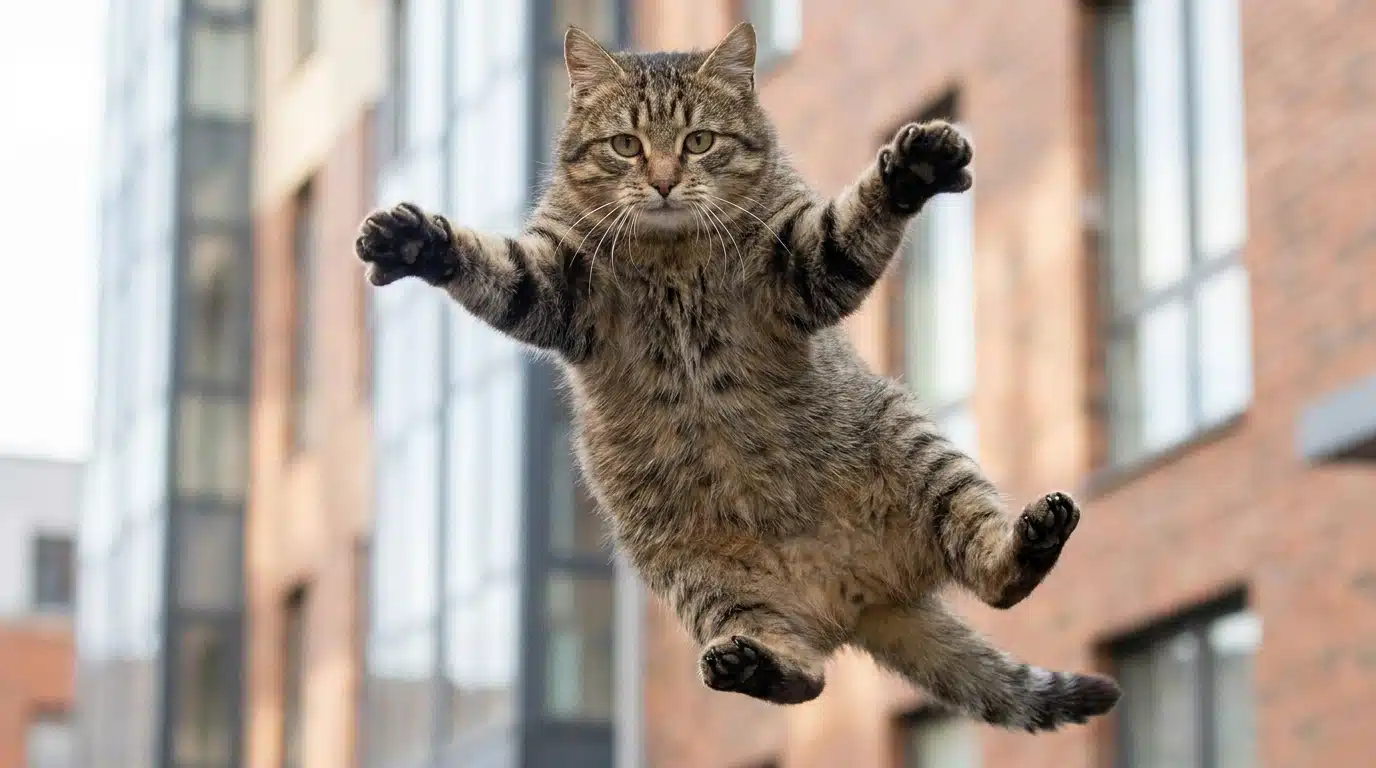 Chat en position parachute les pattes écartées en pleine chute