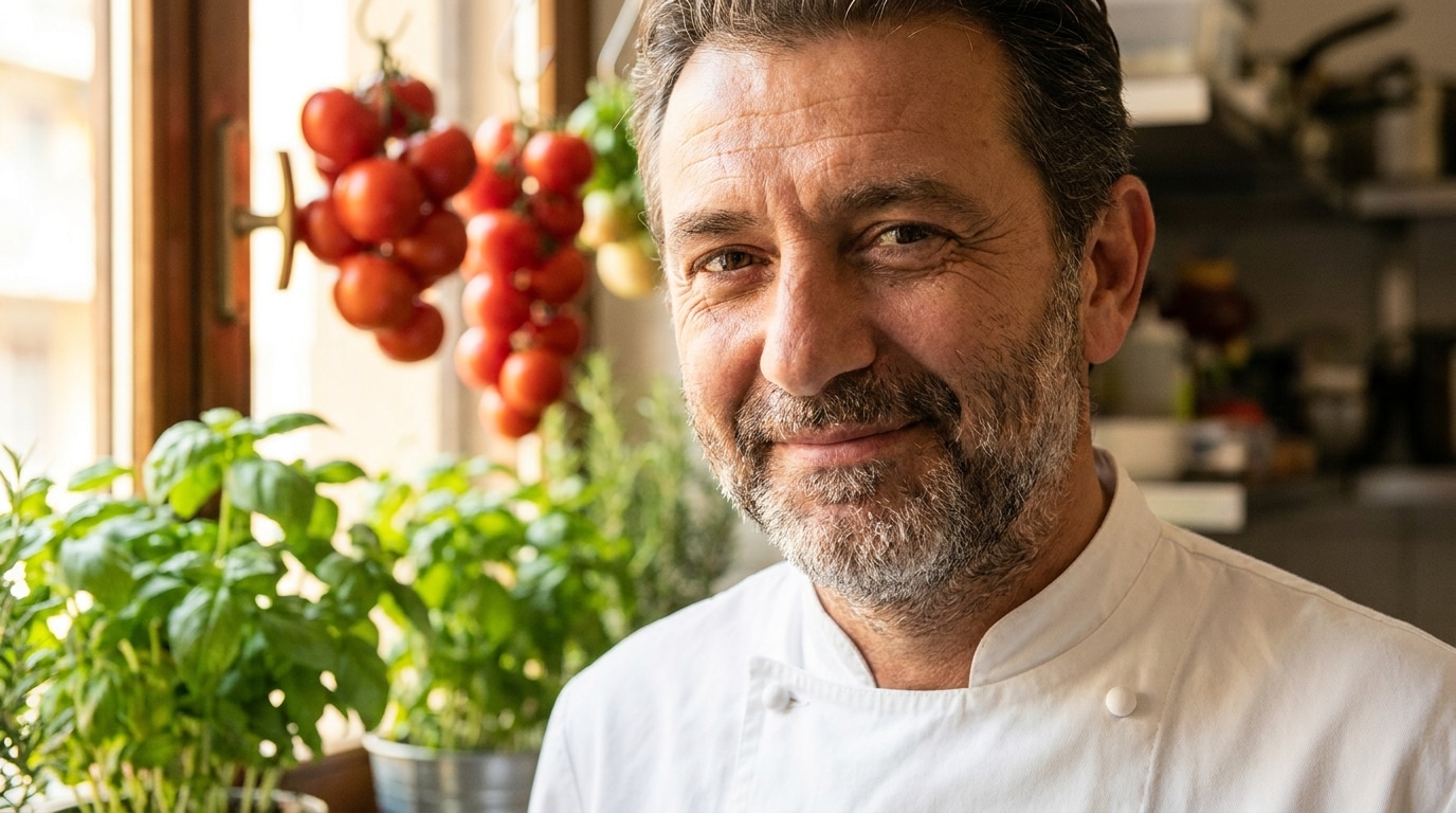 Portrait d'un chef italien souriant en cuisine