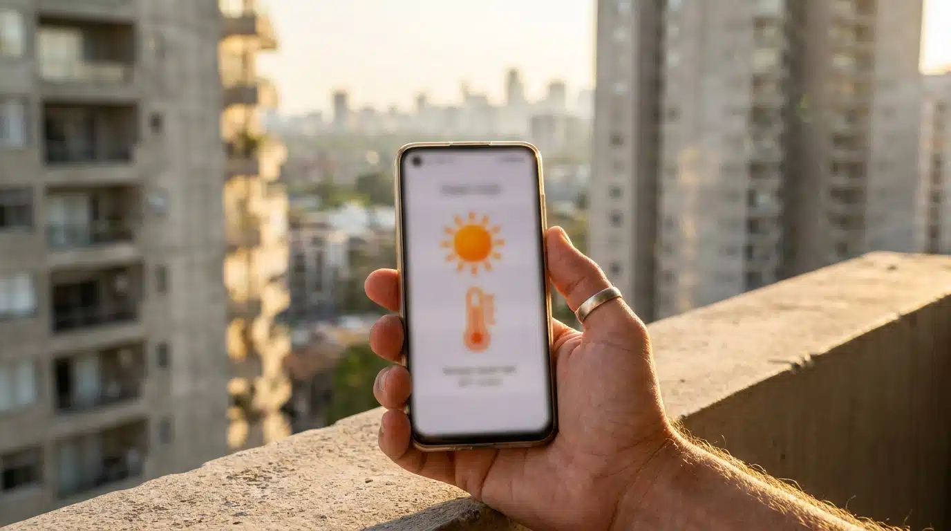Smartphone affichant une app météo sur un balcon urbain en pleine chaleur
