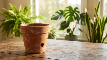 Pot en terre cuite avec trou de drainage posé sur une table en bois